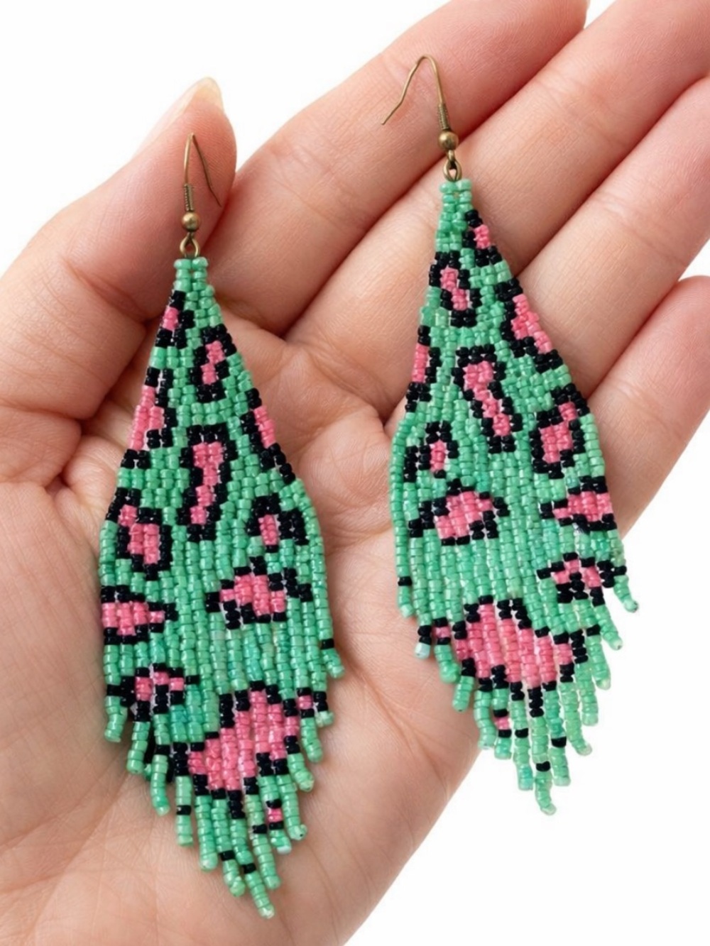 Beaded Cheetah Print Fringe Earrings 4.5” Mint Green Pink Statement Boho Indie